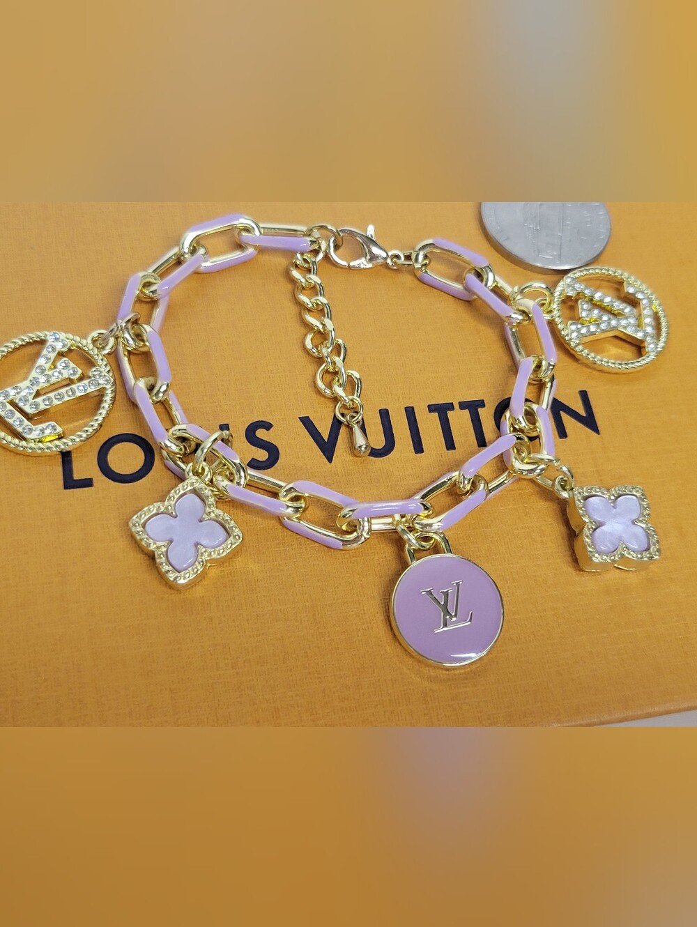 Multi Charm LV zip Pulls, Beautiful Lilac Purple/gold Bracelet 7"+ 1.5" Extender